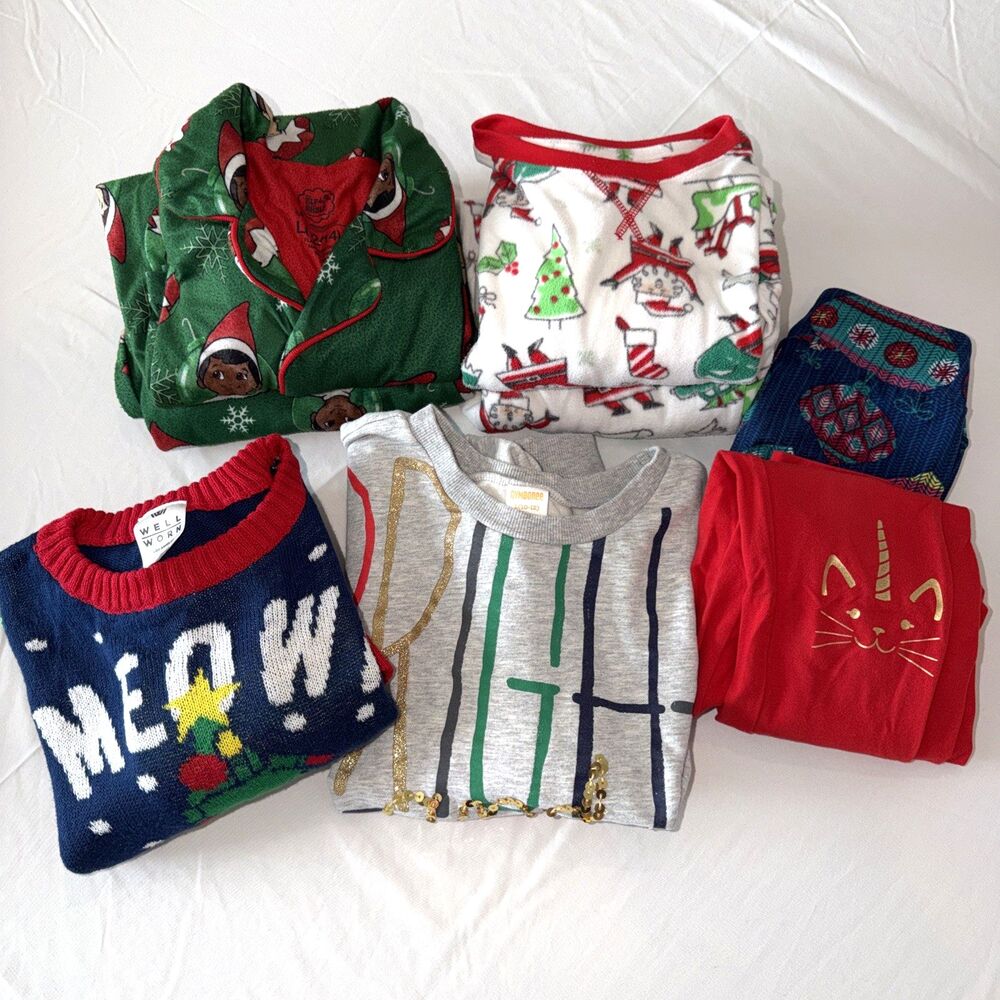 Christmas Clothes Pjs Bundle Lot of 8 Girls Sz Large 10 12 Holiday Winter Huge